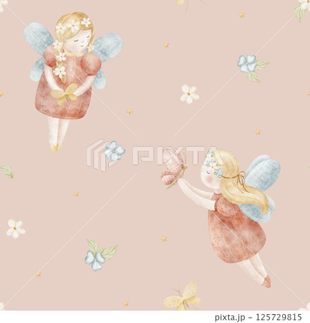 Watercolor pattern of fairy girl, butterflies fly in flowers. Illustration hand drawn in cartoon style. Seamless print children on pink background for fabric, baby clothes, textiles, packaging 125729815