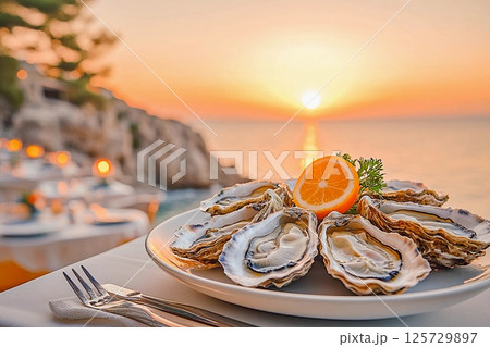 Fresh oysters served with lemon at seaside dining during sunset 125729897