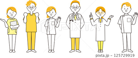 医療従事者の人物イラストセット　全身　黄色 125729919