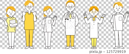 医療従事者の人物イラストセット　全身　黄色 125729919