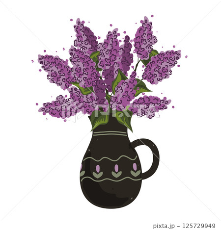 Bunch of lilac brunches in vintage clay jug. Purple lilacs bouquet. Vector isolated illustration. Bunch of lilac brunches in vintage clay jug. Purple lilacs bouquet. Vector isolated illustration. 125729949