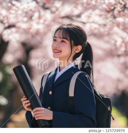 学校の校舎の前で卒業証書を持って立つ女子高生 125729970