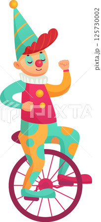 Circus clown wearing colorful costume riding unicycle raising arm during performance at entertainment show balancing on one wheel showcasing talent and skill Circus clown wearing colorful costume riding unicycle raising arm during performance at entertainment show balancing on one wheel showcasing talent and skill 125730002