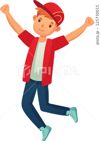 Young boy with red cap and jacket is happily jumping with raised arms, celebrating his success, expressing joy and excitement, perfect for youth, achievement and positive emotions concepts 125730015