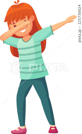 Redhead girl dabbing with one arm covering her face and eyes and the other arm extended behind her back, wearing a striped t shirt and casual pants, in a full body view 125730024