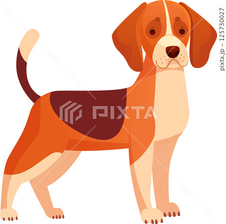 Cartoon illustration of a beagle dog standing with raised tail, showcasing its characteristic tri color coat and friendly expression, ideal for pet related designs 125730027