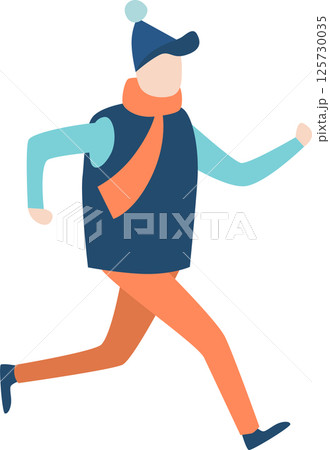 Illustration of a man running outside in winter wearing warm clothes, including a bobble hat, scarf, vest, long sleeved shirt, and trousers Illustration of a man running outside in winter wearing warm clothes, including a bobble hat, scarf, vest, long sleeved shirt, and trousers 125730035