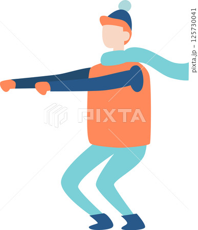 Young man dressed in winter attire, featuring an orange vest, light blue scarf, dark blue winter hat, and gloves, performing squats in the cold weather, promoting fitness and active lifestyle 125730041