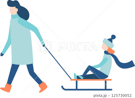 Mother pulling her child on a sled, both bundled in warm winter clothes, enjoying a joyful day in the snow while creating cherished memories outdoors 125730052