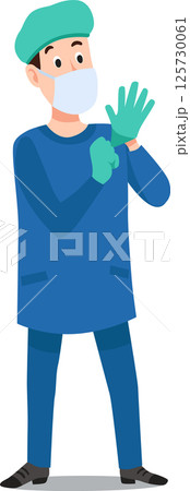 Doctor wearing a face mask and hair net, putting on sterile gloves while preparing for a medical procedure in a hospital operating room, ensuring hygiene and safety standards 125730061