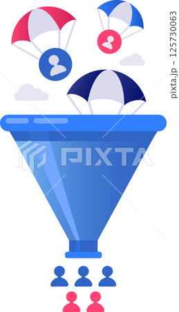 Parachutes carrying user icons falling into a sales funnel, filtering leads into small groups of customers, representing customer acquisition, lead generation, and targeted marketing strategies 125730063