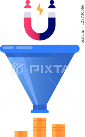 Horseshoe magnet attracting customers into blue sales funnel generating increasing stacks of gold coins representing profit and revenue growth 125730066