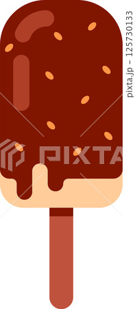 Melting chocolate ice cream on a stick, topped with crunchy nuts, creates a delightful treat against a clean white background, ideal for summer themed projects and sweet indulgences 125730133