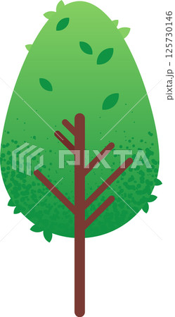Simple cartoon tree with rounded crown, brown trunk and branches, and green leaves, isolated on white background, representing nature, growth, and environmental concepts 125730146