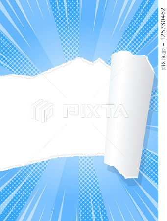 サンバーストと破れた紙の背景素材、ハーフトーンのドット、集中線のエフェクト、フレーム、縦向き 125730462