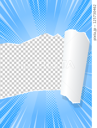 Sunburst and torn paper background material, halftone dots, concentrated line effect, frame, portrait orientation 125730462