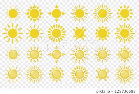 A large set of sun symbols on a transparent background. Sun-shaped logos. 125730688