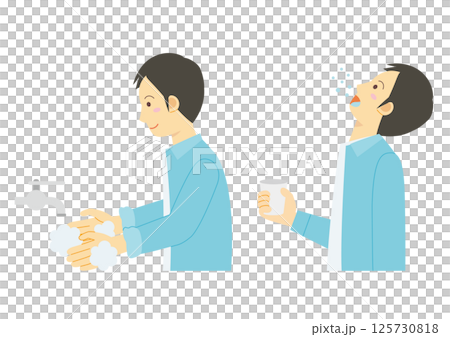 うがいと手洗いをする横向きの男性のイラスト_修正版 125730818