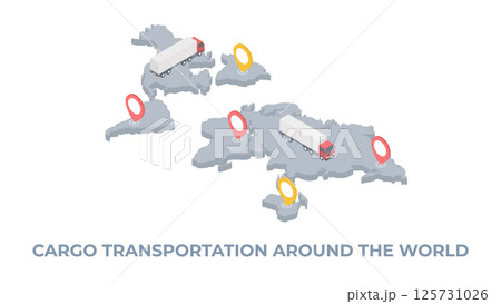 International delivery transportation global map location isometric banner vector illustration. World logistic network cargo trucking. Import export service. International delivery transportation global map location isometric banner vector illustration. World logistic network cargo trucking. Import export service. 125731026