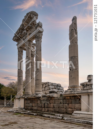 Exploration of the Temple of Trajan at the Acropolis of Pergamon in Bergama, Izmir, Turkey during sunset Exploration of the Temple of Trajan at the Acropolis of Pergamon in Bergama, Izmir, Turkey during sunset 125731031