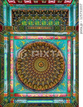 Intricate ceiling design of Thean Hou Temple showcasing vibrant colors and patterns in Kuala Lumpur Intricate ceiling design of Thean Hou Temple showcasing vibrant colors and patterns in Kuala Lumpur 125731037