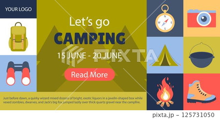 Camping. Social Media Cover Template, Flat Style Poster. Camping. Social Media Cover Template, Flat Style Poster. 125731050