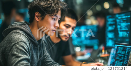 Focused software developers collaborating code review, one Asian one Hispanic, modern office 125731214