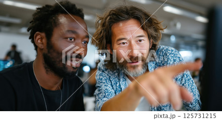 Two software developers collaborating and pointing at computer screen during code review session 125731215