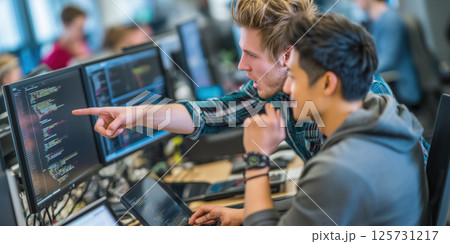 Software developers collaborating on code review, shocked expression, modern office teamwork 125731217