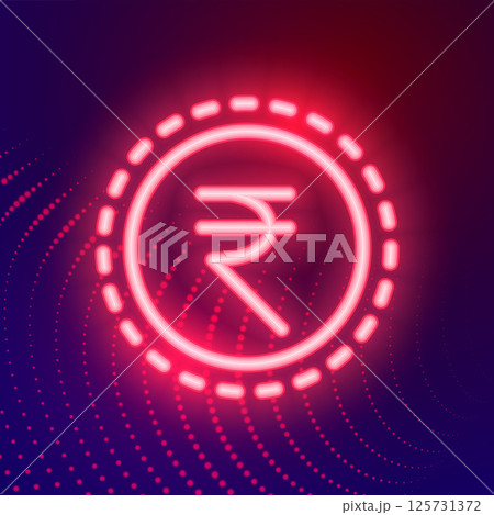 glowing neon digital indian rupee symbol background 125731372