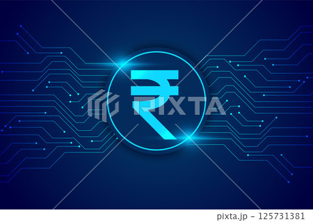 indian currency rupee sign with digital circuit lines background 125731381