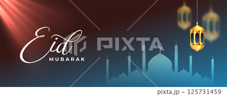 muslim eid mubarak realistic lantern banner with light effect 125731459