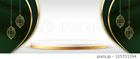 3d style golden podium platform poster with lantern decoration 125731594