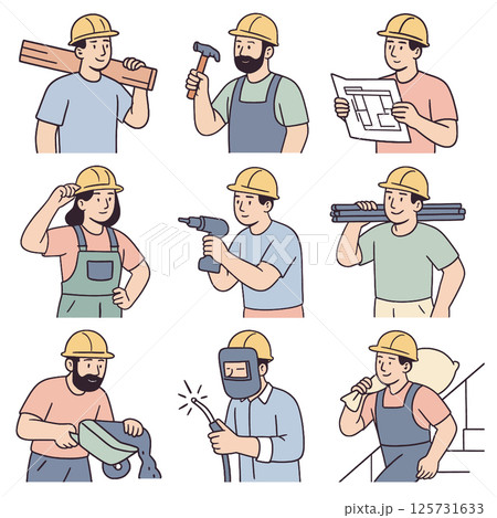 Collection of workers engaged in various construction tasks, showcasing teamwork and skills 125731633