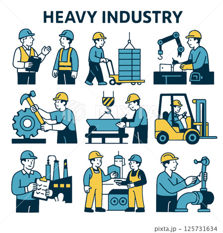 Heavy industry workers engaged in various tasks, showcasing teamwork and machinery 125731634