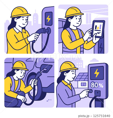 Worker hard hat engages with electric vehicle charging technology, showcasing modern energy 125731640