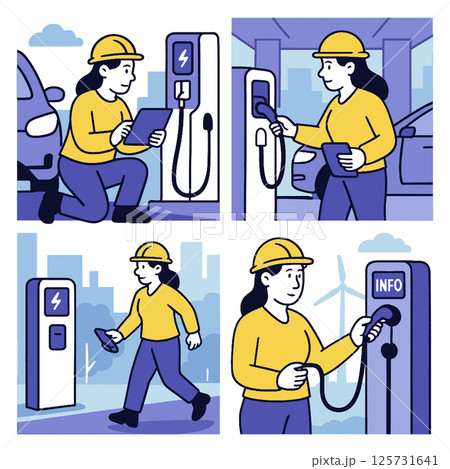 Worker hard hat interacts with electric vehicle charging station, showcasing technology Worker hard hat interacts with electric vehicle charging station, showcasing technology 125731641