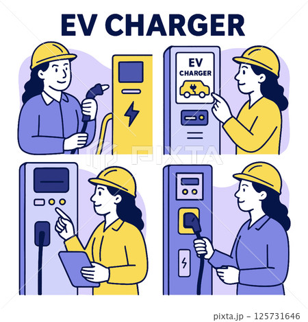 Illustration of EV charger with worker interacting with charging stations, showcasing technology Illustration of EV charger with worker interacting with charging stations, showcasing technology 125731646