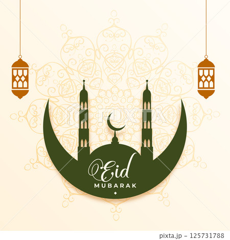 beautiful eid mubarak religious card with green mosque and moon 125731788
