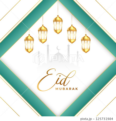 eid mubarak greeting card with mosque and hanging lantern 125731984