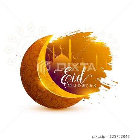 elegant eid mubarak background with 3d crescent and mosque symbol 125732042