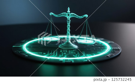 Futuristic digital scale with illuminated neon glow and holographic justice symbol of balance and fairness with glowing s and technological design on dark background 125732245
