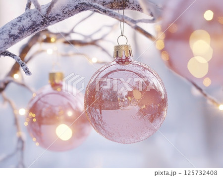 Close up view of Christmas bauble decorations on snowy branches Close up view of Christmas bauble decorations on snowy branches 125732408