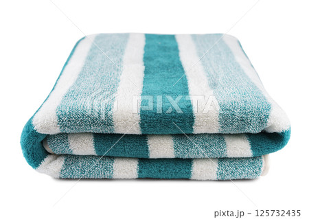 Carefully folded soft striped bath turquoise towel isolated on white background Carefully folded soft striped bath turquoise towel isolated on white background 125732435