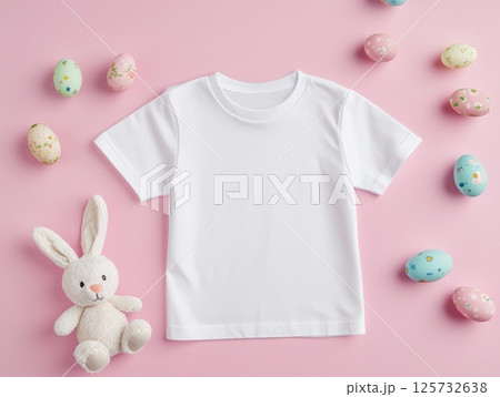White T shirt mock up with Easter bunny and decorative eggs on pastel pink background 125732638