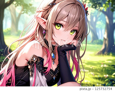 イラスト　栗色髪のエルフの美少女　自然背景 125732754