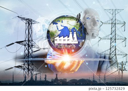 Industry 5.0 Text on futuristic digital interface with glowing elements and technology inspired background. Concept of innovation and automation. AI creation. 125732829