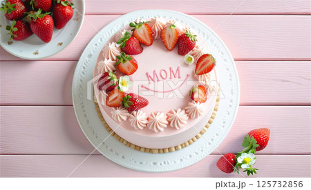 木製のテーブルの上の母の日のピンクのクリームのいちごのケーキ 125732856