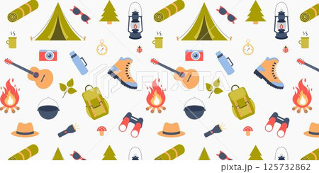 Seamless repeat pattern background. Outdoor recreation, camping elements, wrapping paper, fabric printing. Seamless repeat pattern background. Outdoor recreation, camping elements, wrapping paper, fabric printing. 125732862