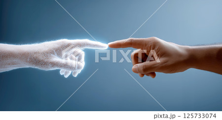 Human hand touching glowing digital hand, technology connection, futuristic, blue background 125733074